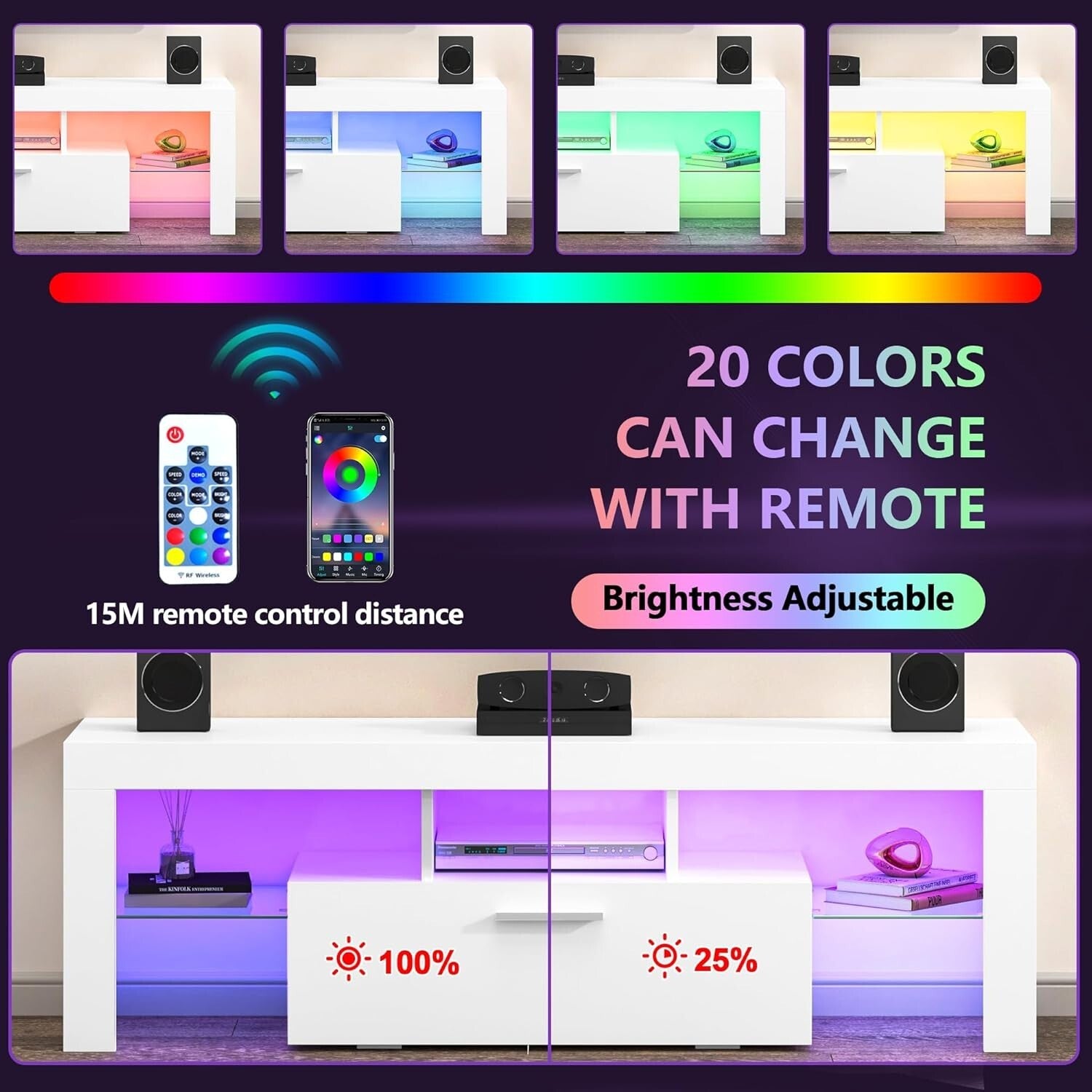 Modern White Entertainment Center with Large Drawer and 20-Color LED Lighting