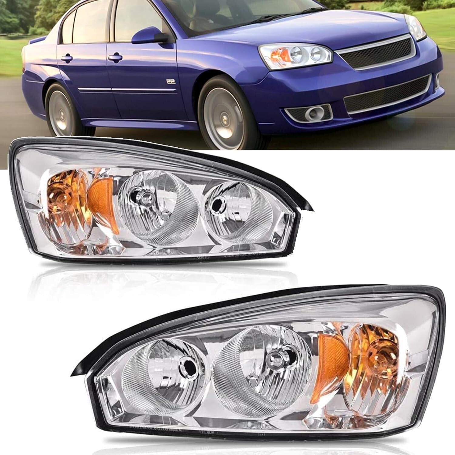 Chrome Headlight Assembly Replacement for 2004-2008 Chevy Malibu Models