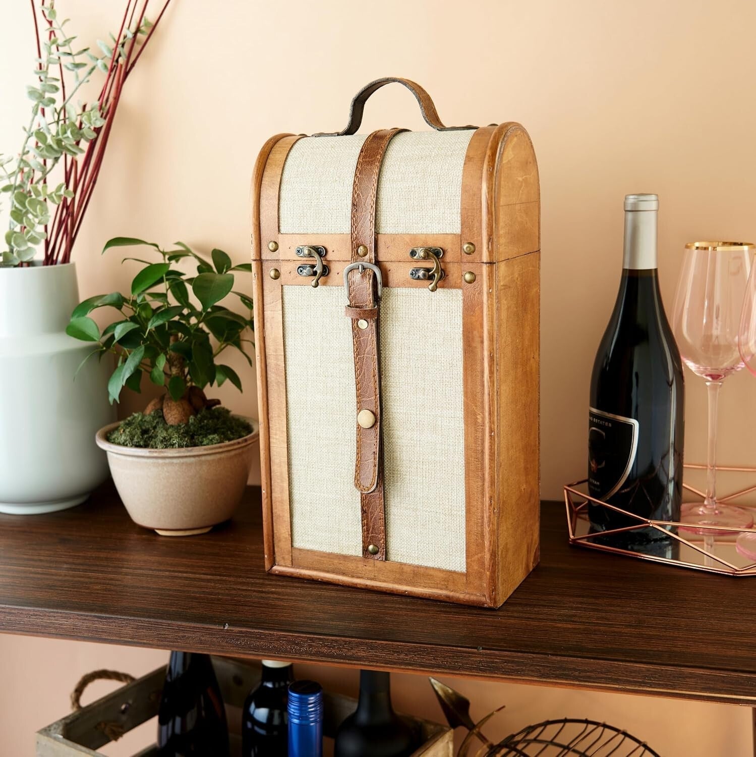 Customizable Vintage Trunk Wine Gift Box with Brass Buckles - Holds 2 Bottles