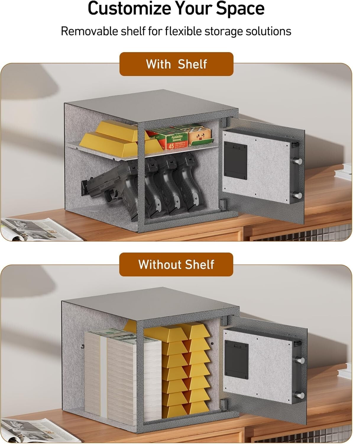 Alloy Steel Biometric Safe for Handguns - Organized Storage with Removable Shelf
