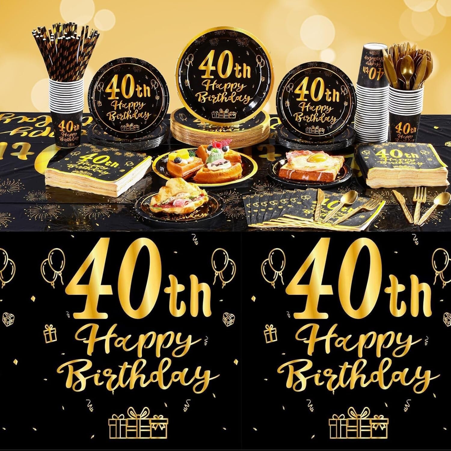 452 Pcs Black and Gold 40th Birthday Party Supplies - Classy Disposable Set