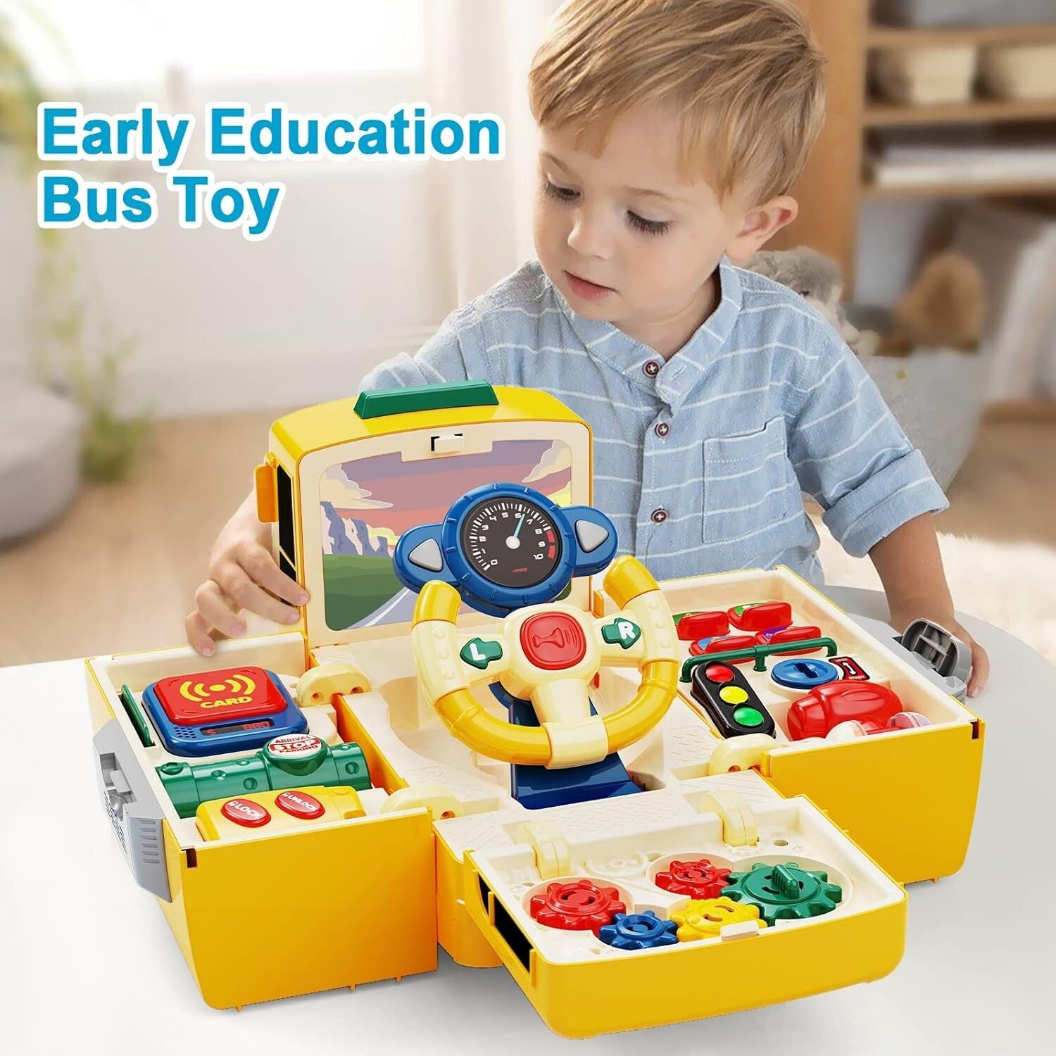 Eco-Friendly Animated School Bus Toy with Steering Wheel & Educational Sounds