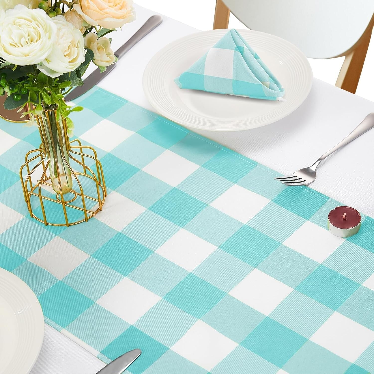 Versatile Aqua Checkered Table Runners - 12-Pack, Ideal for Dining & Weddings