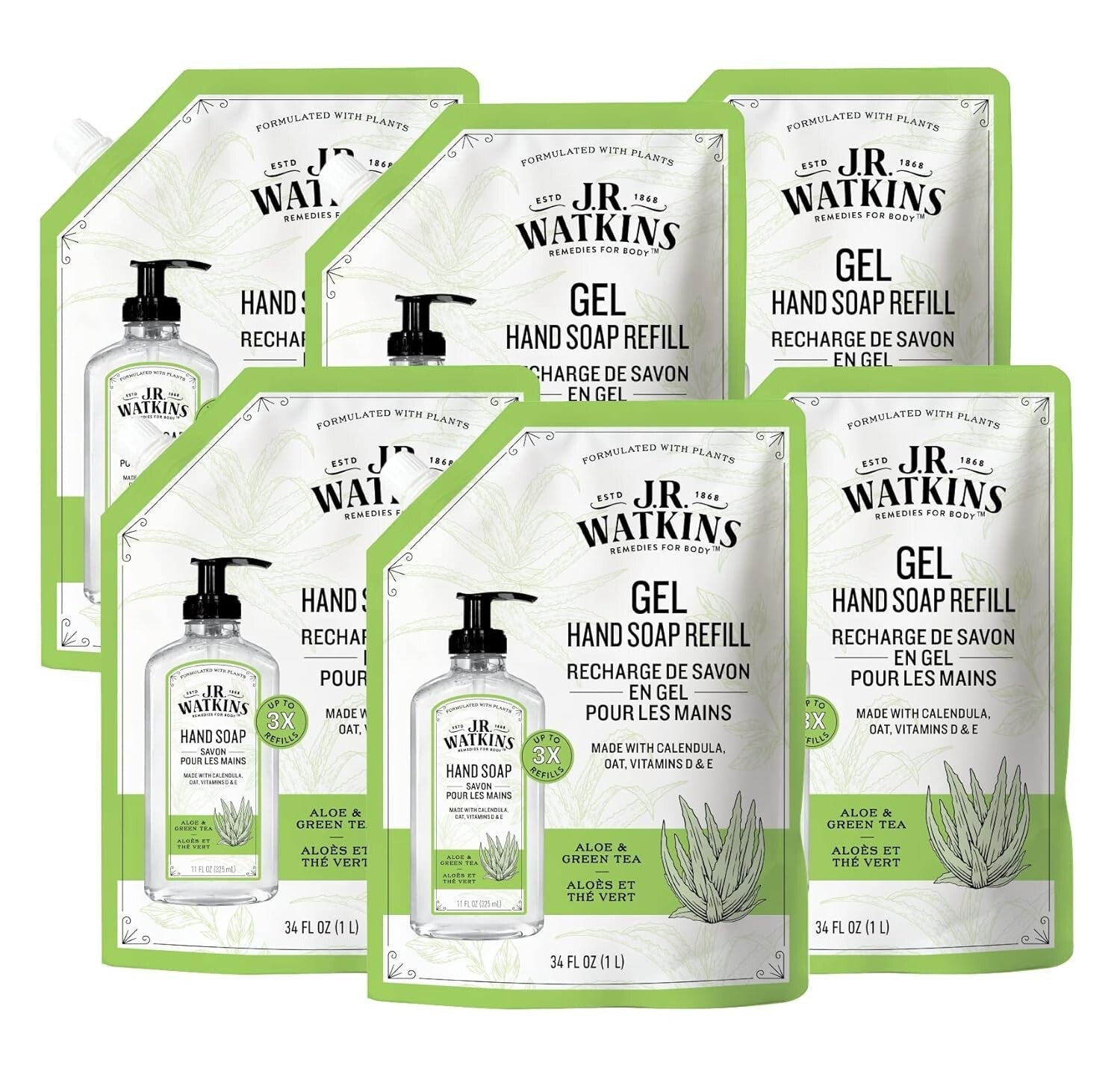 Aloe & Green Tea Scented Hand Wash Refill - 6 Pack 34 fl oz, Non-Drying Formula