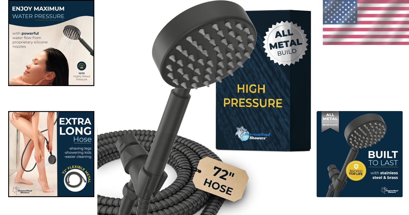 6ft Flexible Shower Hose with Matte Black Metal Shower Head - High Performance