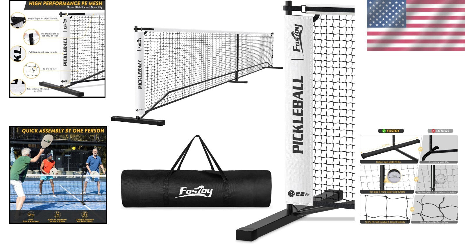Outdoor Pickleball Net Set: 22FT Portable with Carry Bag & Tear-Resistant Design