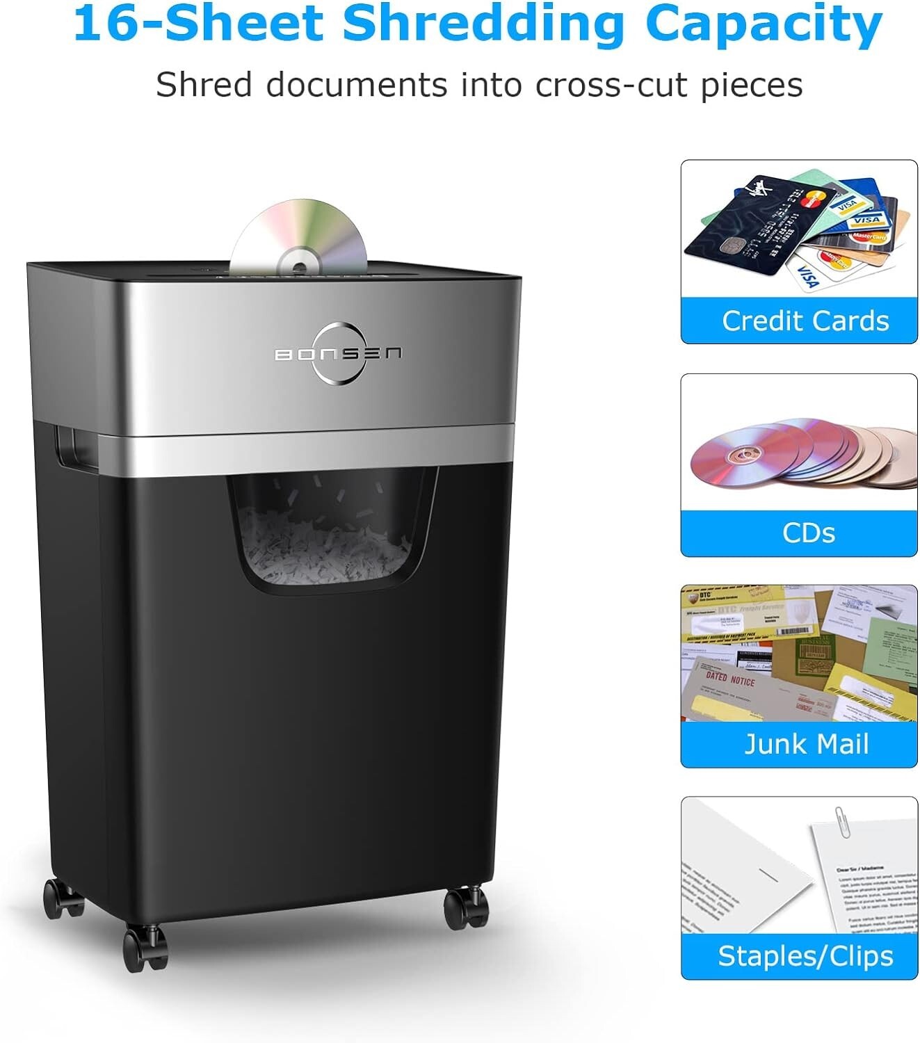 Quiet Office Paper Shredder with 5.3-Gallon Bin - Anti-Jam & Portable Design