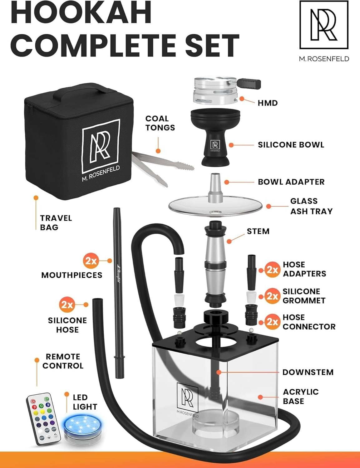 Black LED Hookah Set with 2 Hoses – Durable, Easy to Clean & Perfect for Gifting