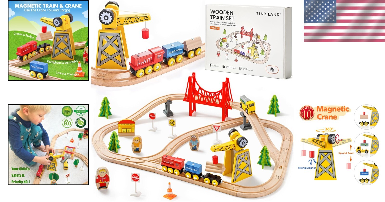 Educational Wooden Train Set with Crane - 55PCS for Toddlers & Kids