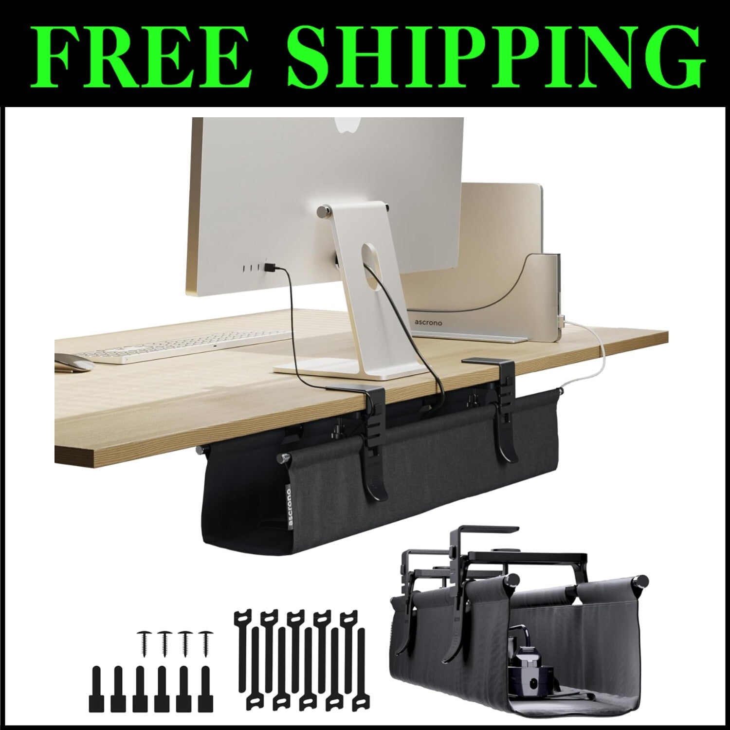 CableCare No-Drill Under Desk Cable Management Tray - Elegant Fabric Solution