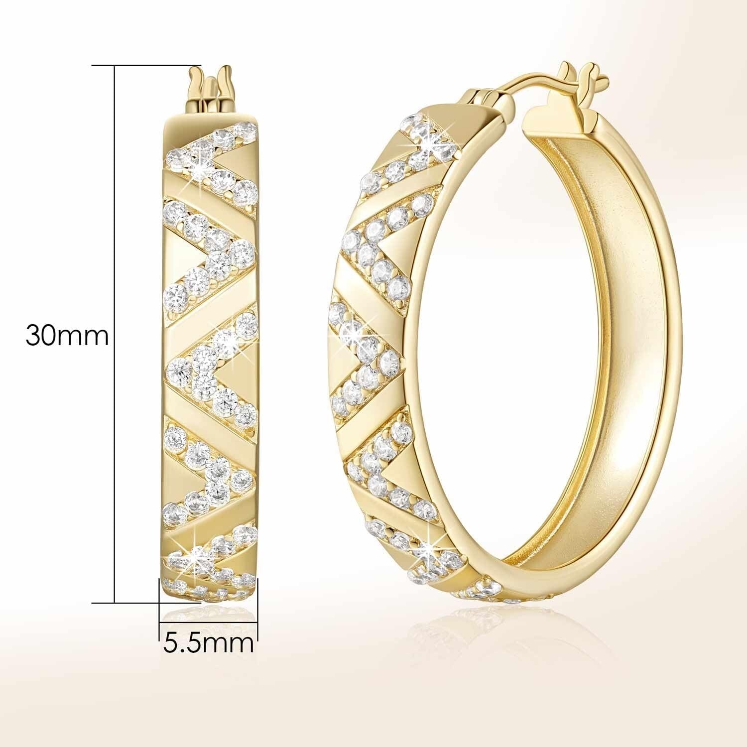 25mm Thick 14K Gold Hoop Earrings with V-Cut and Diamond Sparkle for Women