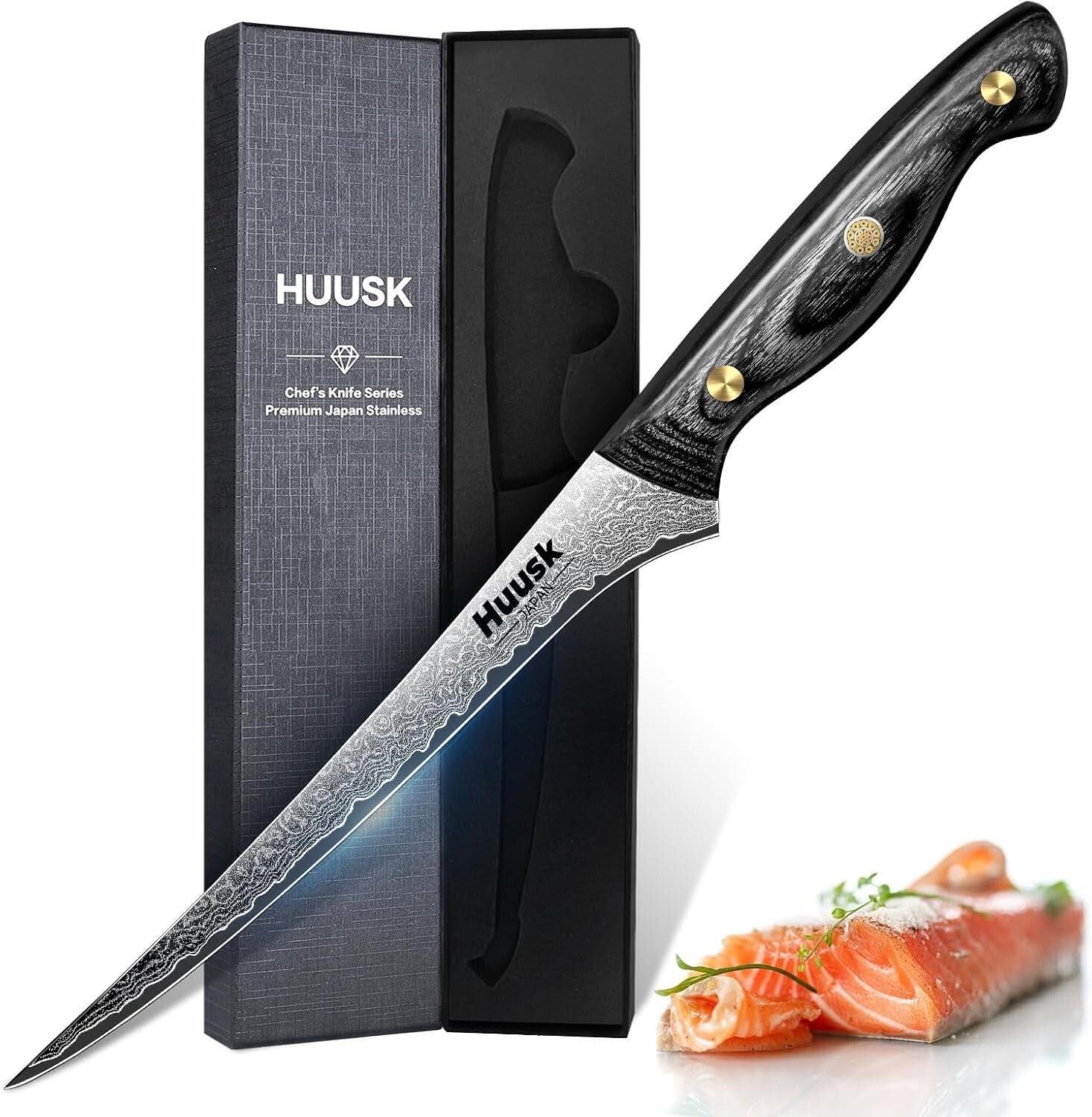 Premium Damascus Steel Fish Fillet Knife - Ergonomic Ebony Handle Design