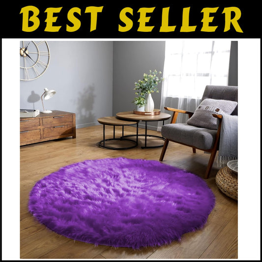 5ft Round Fluffy Purple Faux Fur Rug - Stylish Boho Decor for Living Spaces