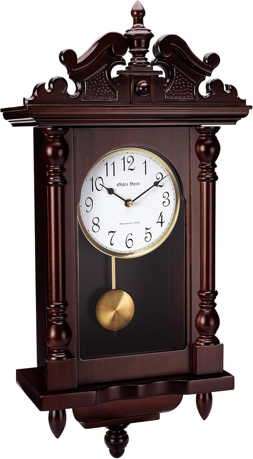 22" Tall Wooden Wall Clock with 4 Chime Options & Elegant Swinging Pendulum