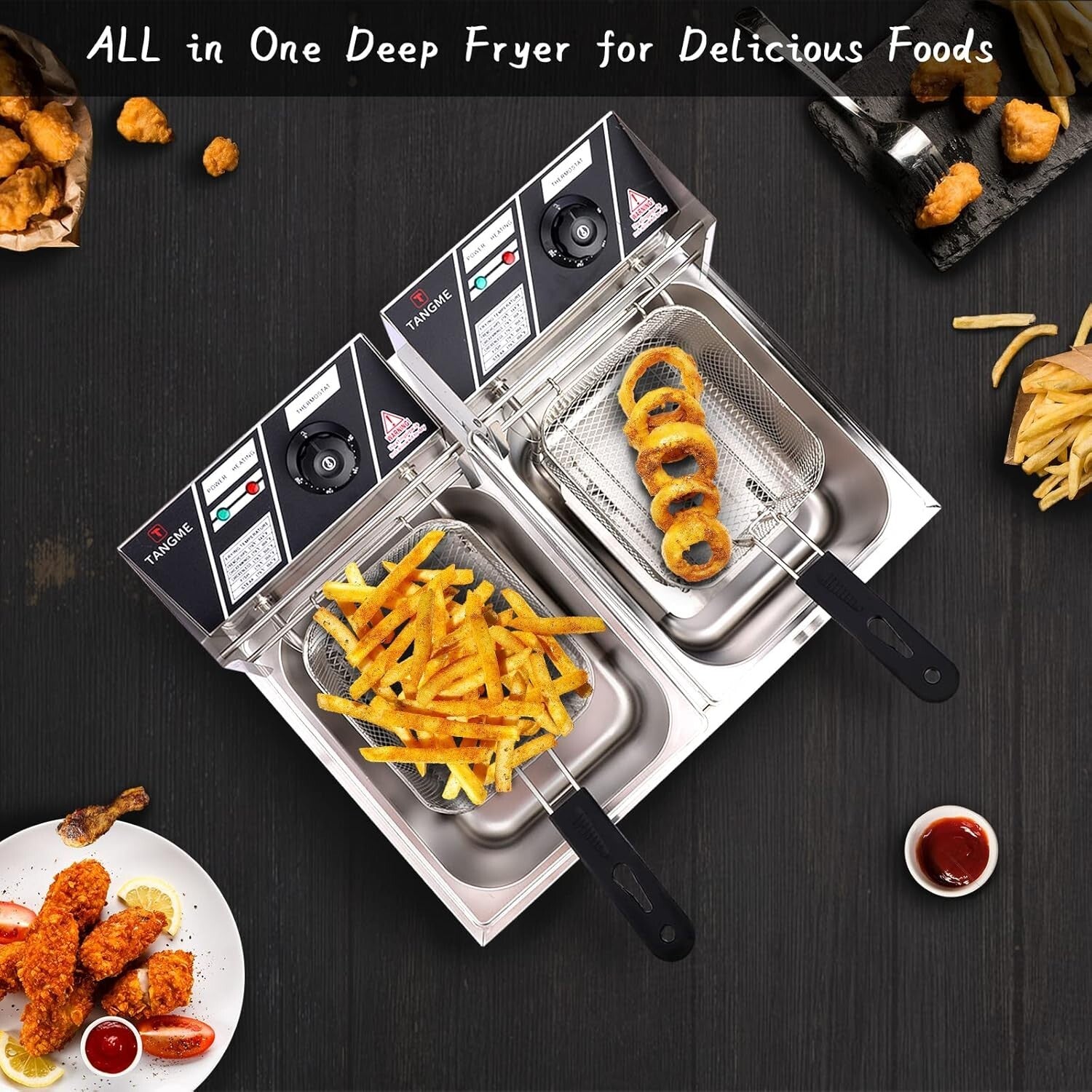 3400W Commercial Deep Fryer with 2x6.35QT Baskets - Stainless Steel Design