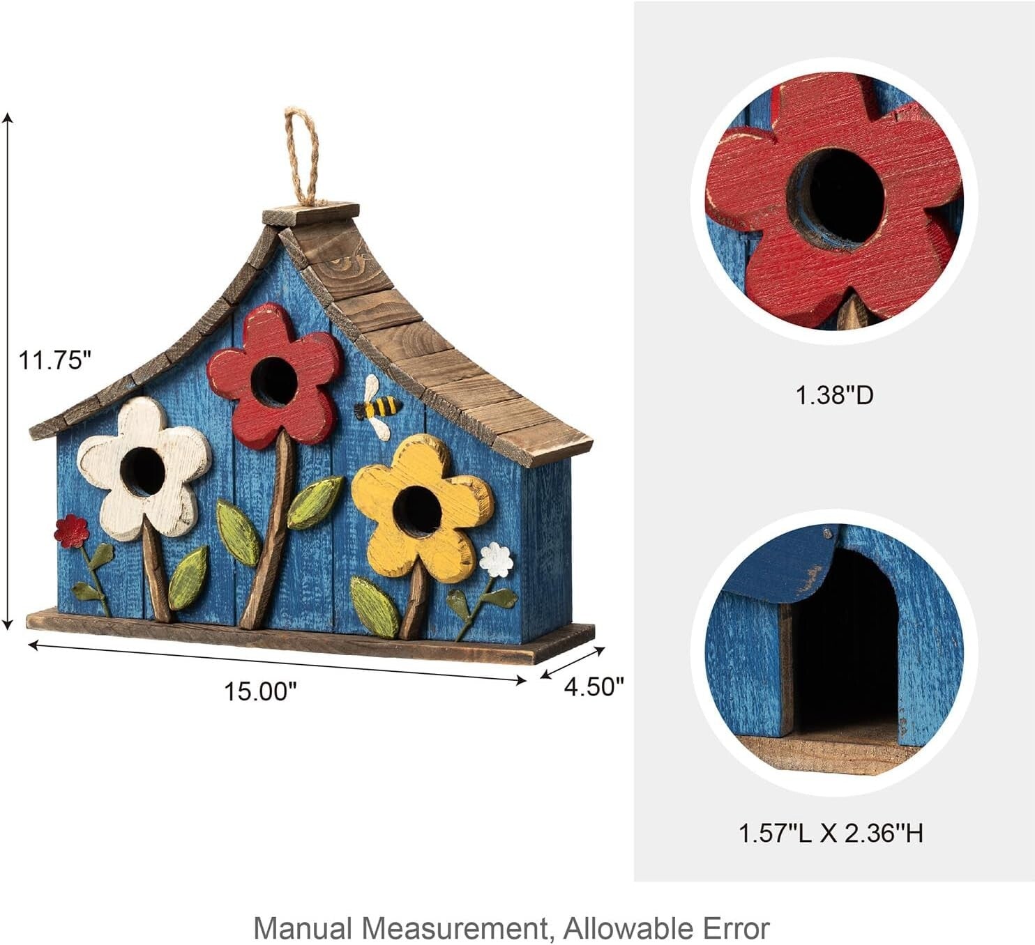 15" Oversized Hand-Painted Distressed Birdhouse with 3D Flowers - Rustic Villa
