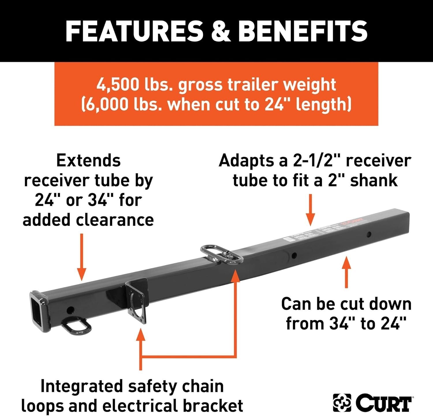 Adjustable 2-1/2 to 2-In Hitch Adapter, 34-inch Extension, Durable Carbon Steel