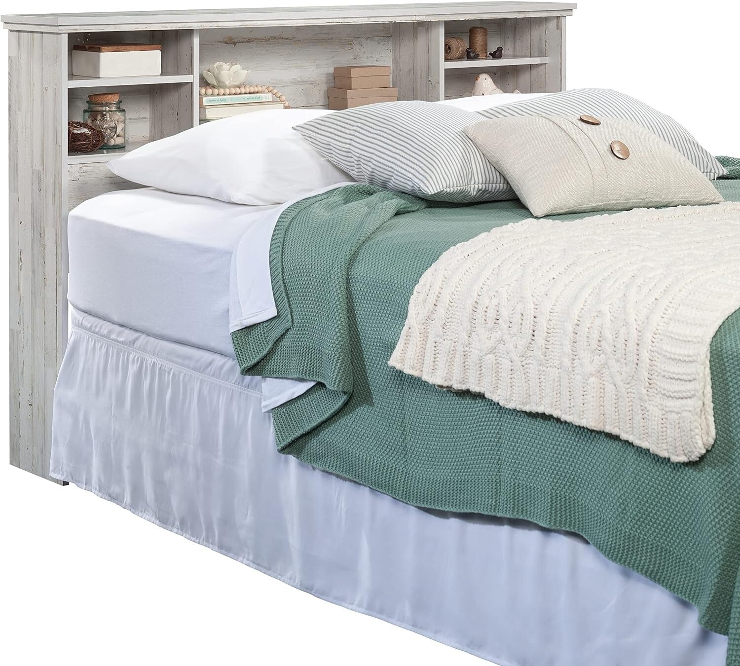 Farmhouse Chic Queen and Full Headboard with Adjustable Shelves - White Plank