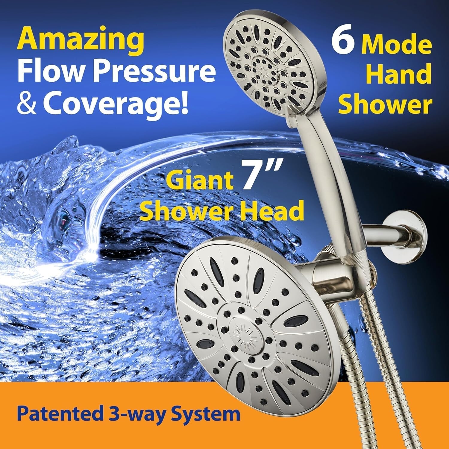 Elegant Satin Nickel 3-Way Rainfall Shower with Handheld Option & 6 Settings