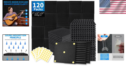 1" x 12" x 12" Acoustic Foam Panels 120 Pack - Double-Sided Adhesive Included