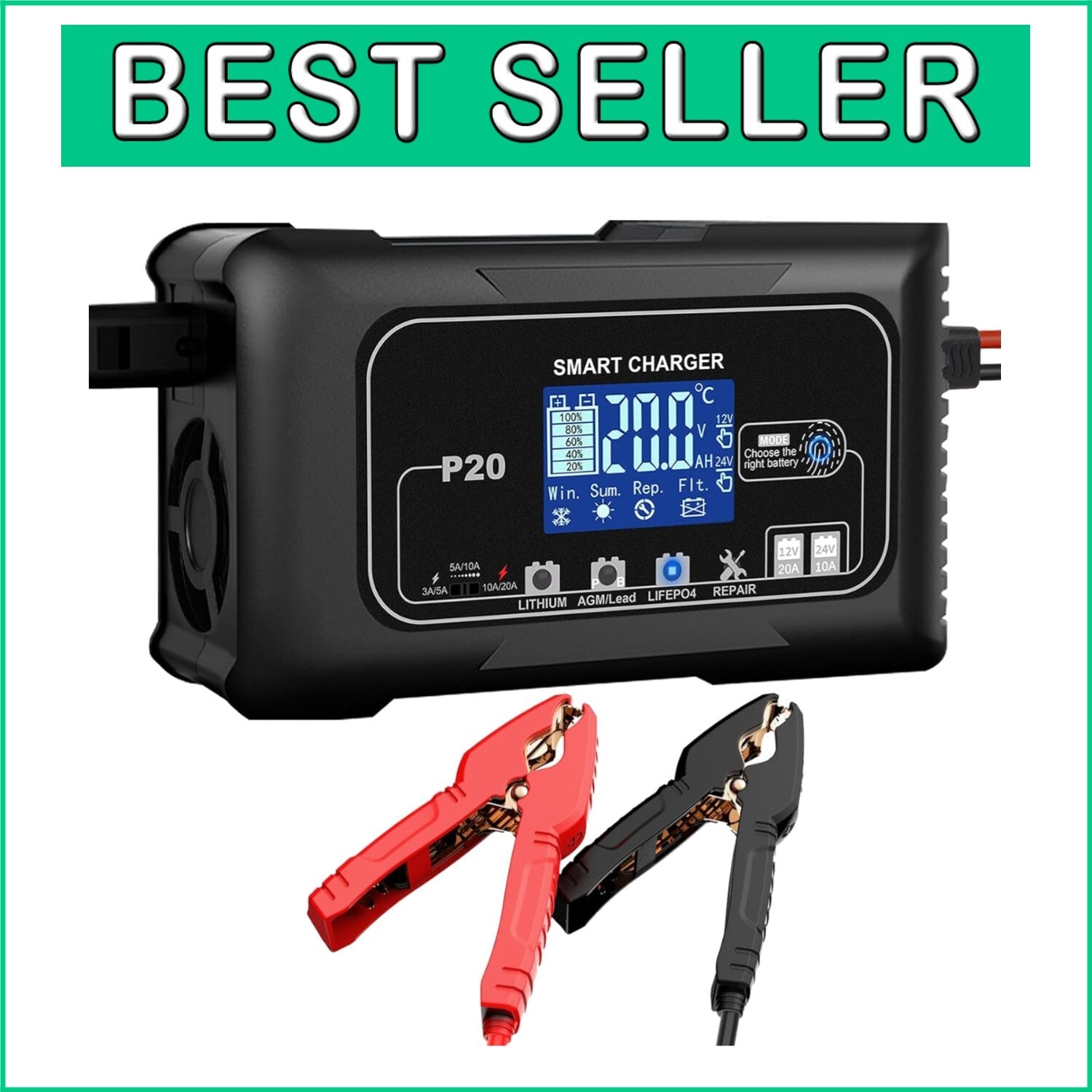 Durable 20A Smart Battery Maintainer for 12V and 24V Vehicles - Safe & Efficient