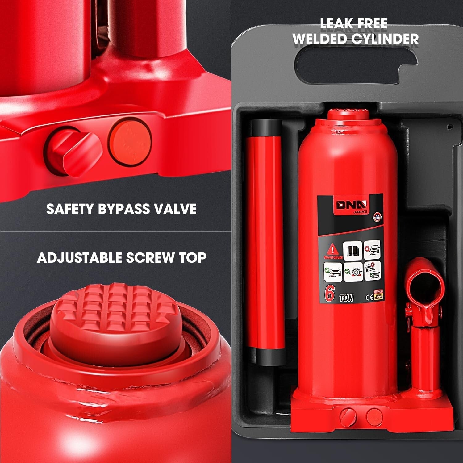 Premium 6 Ton Lifting Bottle Jack – Height Adjustable 8.6 to 17 In, Safe Design