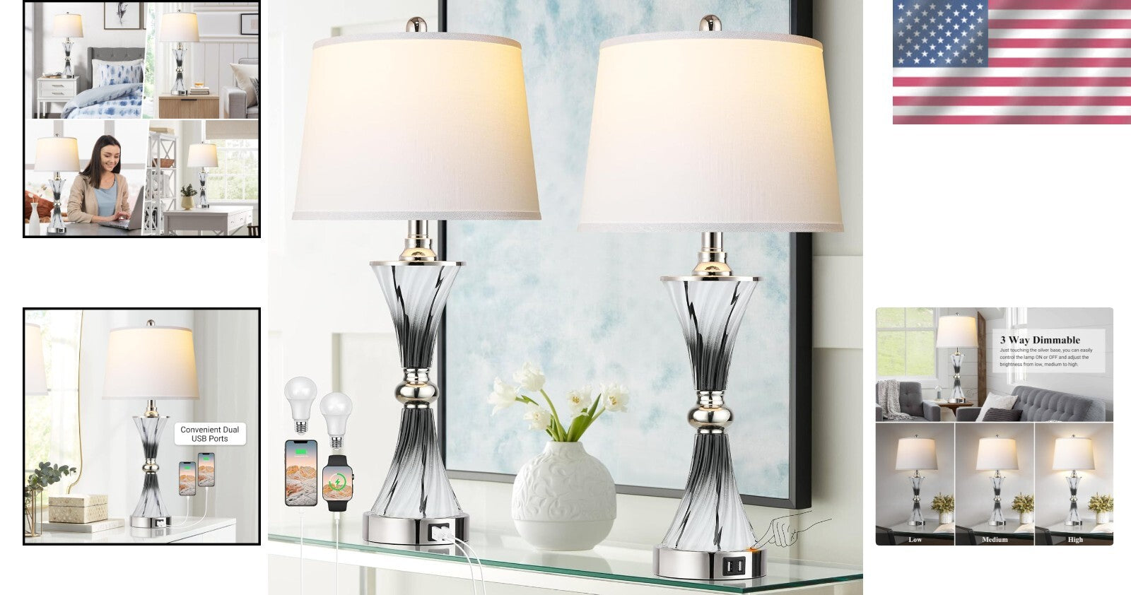 Elegant 3-Way Dimmable Touch Glass Lamps Set of 2 with USB Ports - Dark Grey