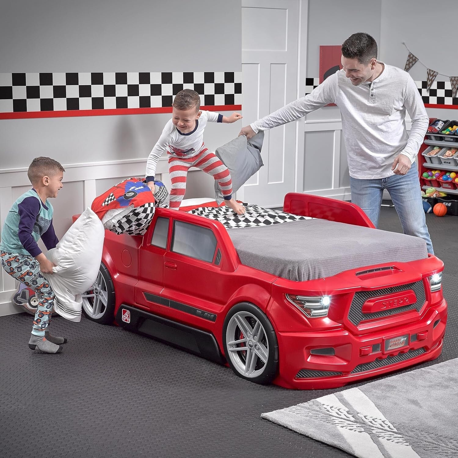 Vibrant Red Twin Car Bed with Working Headlights - Ideal for Creative Toddlers