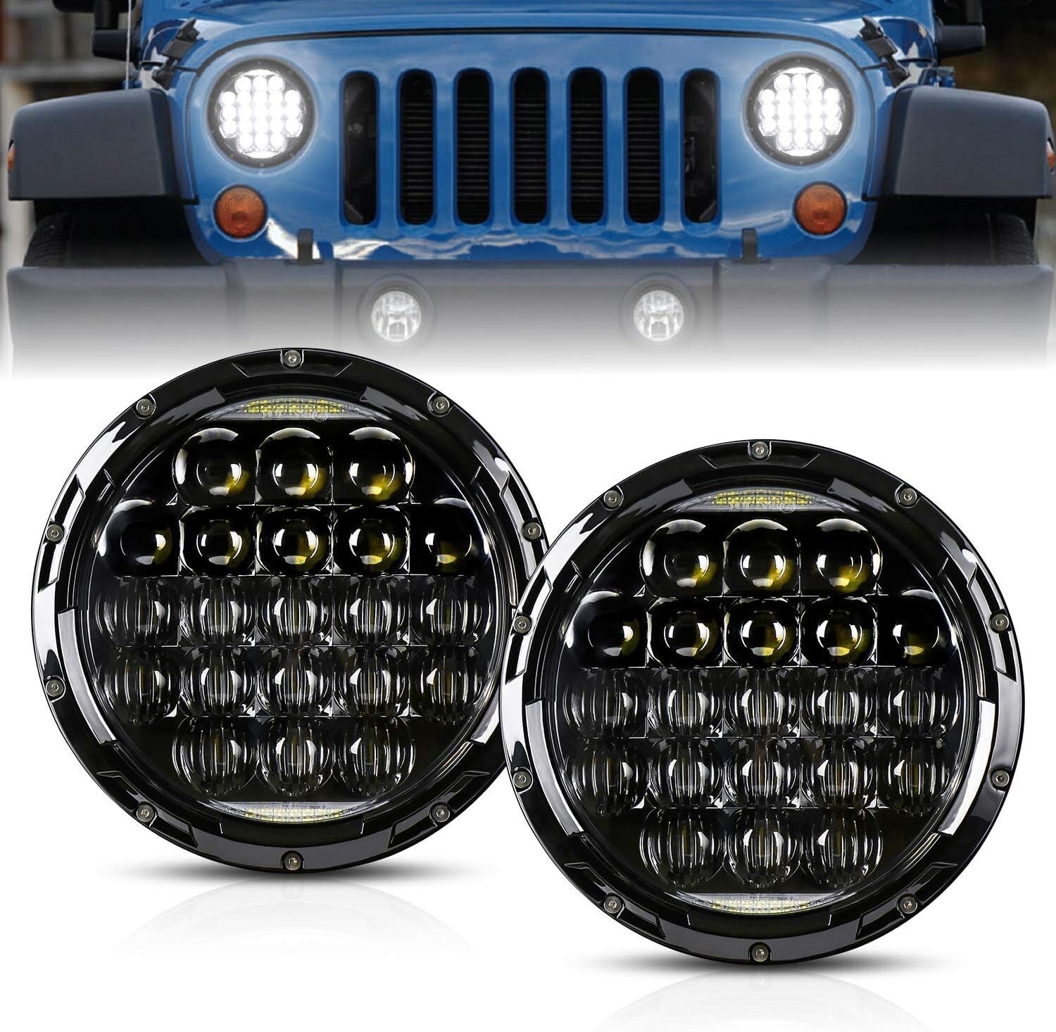 High Beam 7-Inch LED Headlights - 105W with DRL for Jeep Wrangler & Motorcycles