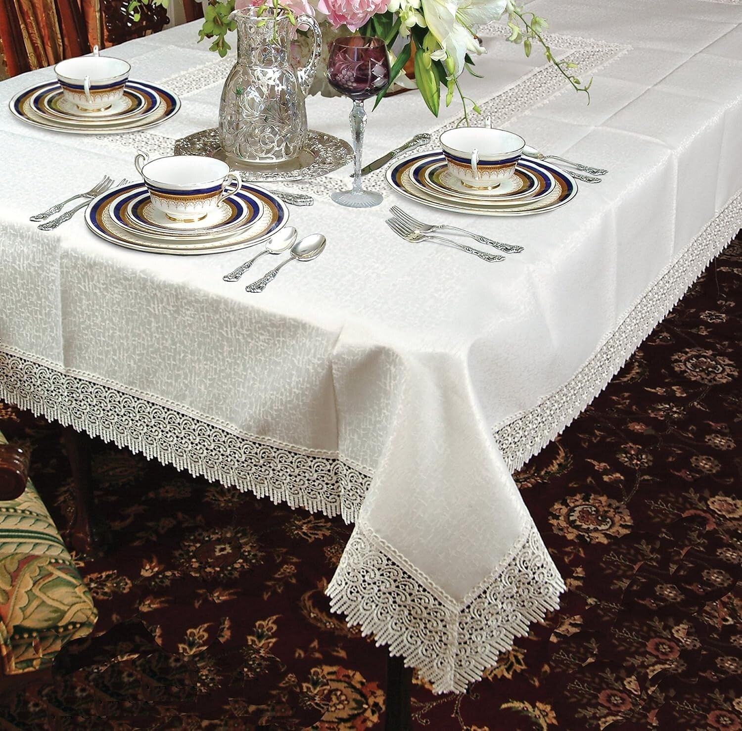 Sophisticated White Rectangular Tablecloth 70" x 105" with Elegant Lace Border