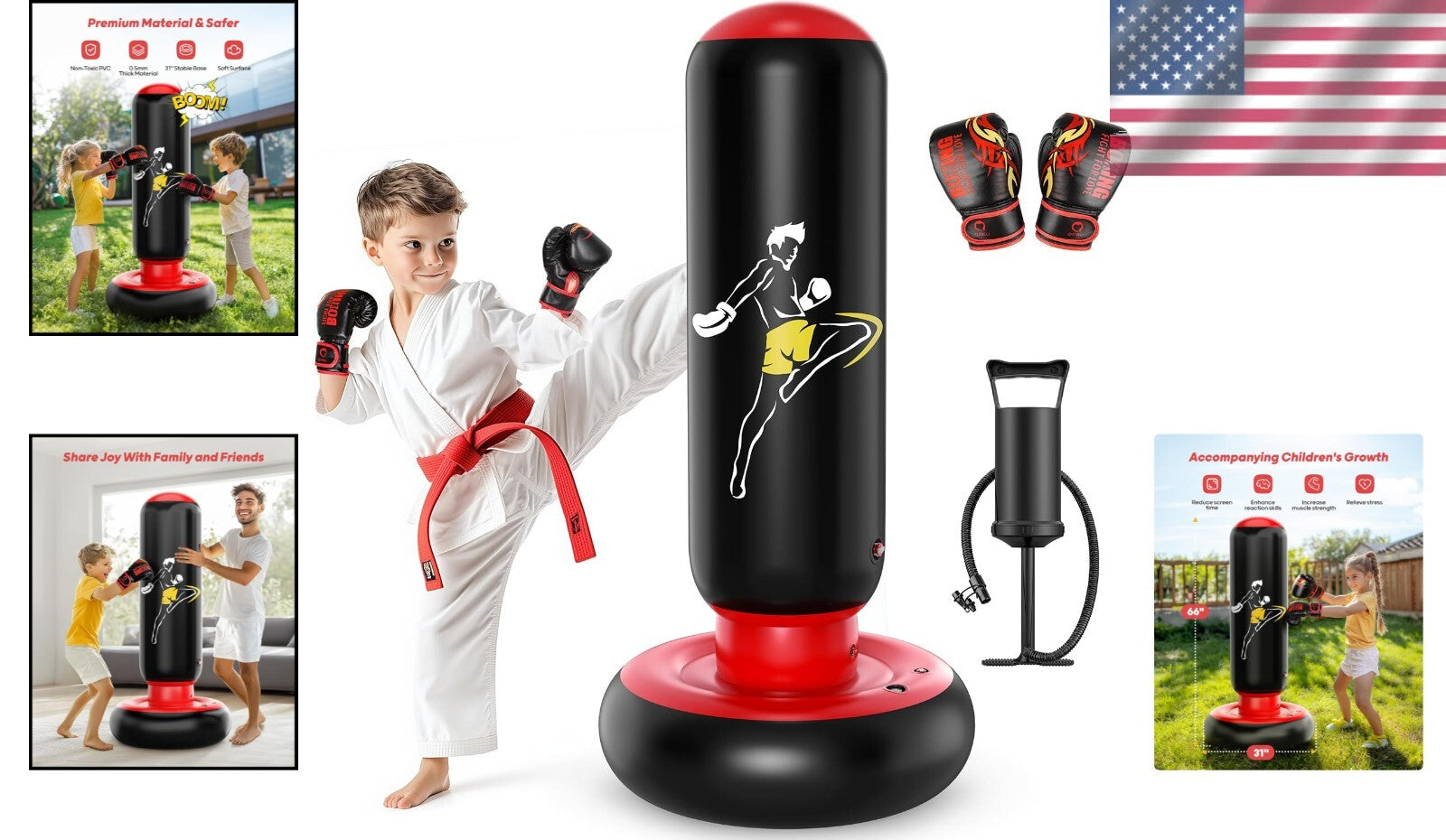 66” Kids Inflatable Boxing Punching Bag & Gloves - Fun Gym Toy for Ages 6-12
