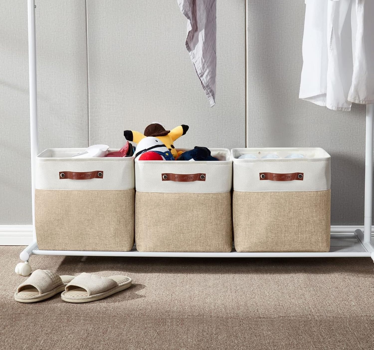 Durable 13 Inch Cube Storage Bins - Beige & White - Perfect for Organizing