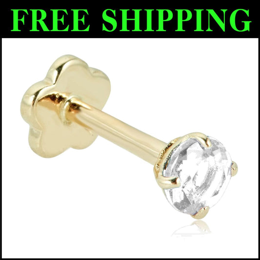 14K Gold Hypoallergenic Flat Back Cartilage Piercing with 3mm Simulated Diamond