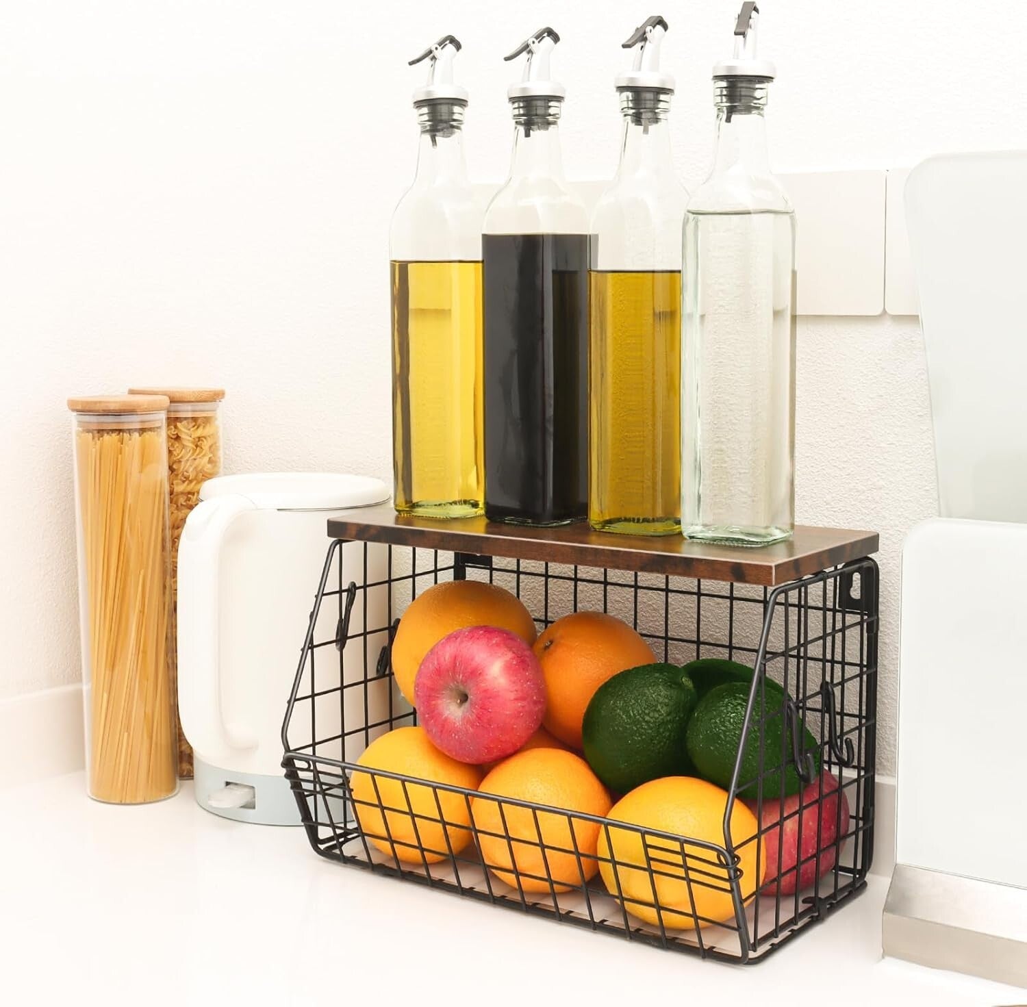 Elegant Kitchen Organizer: Metal Fruit Basket with Wooden Lid & Banana Hangers