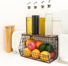 Load image into Gallery viewer, Elegant Kitchen Organizer: Metal Fruit Basket with Wooden Lid &amp; Banana Hangers