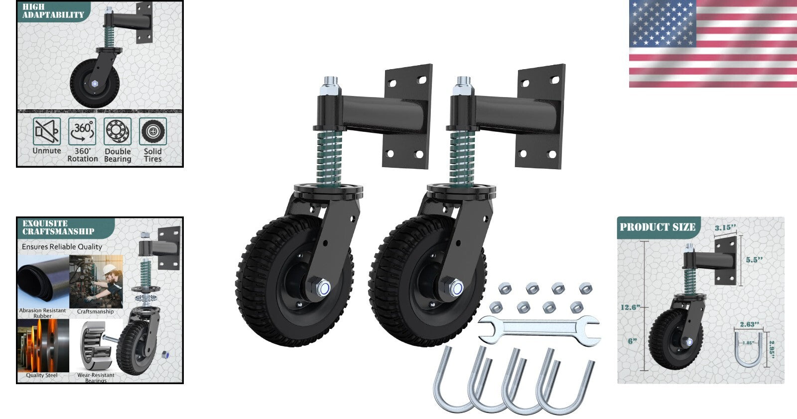 Durable Rubber Caster Wheels for Gates - 6-Inch, 500lb Load Capacity (2-Pack)