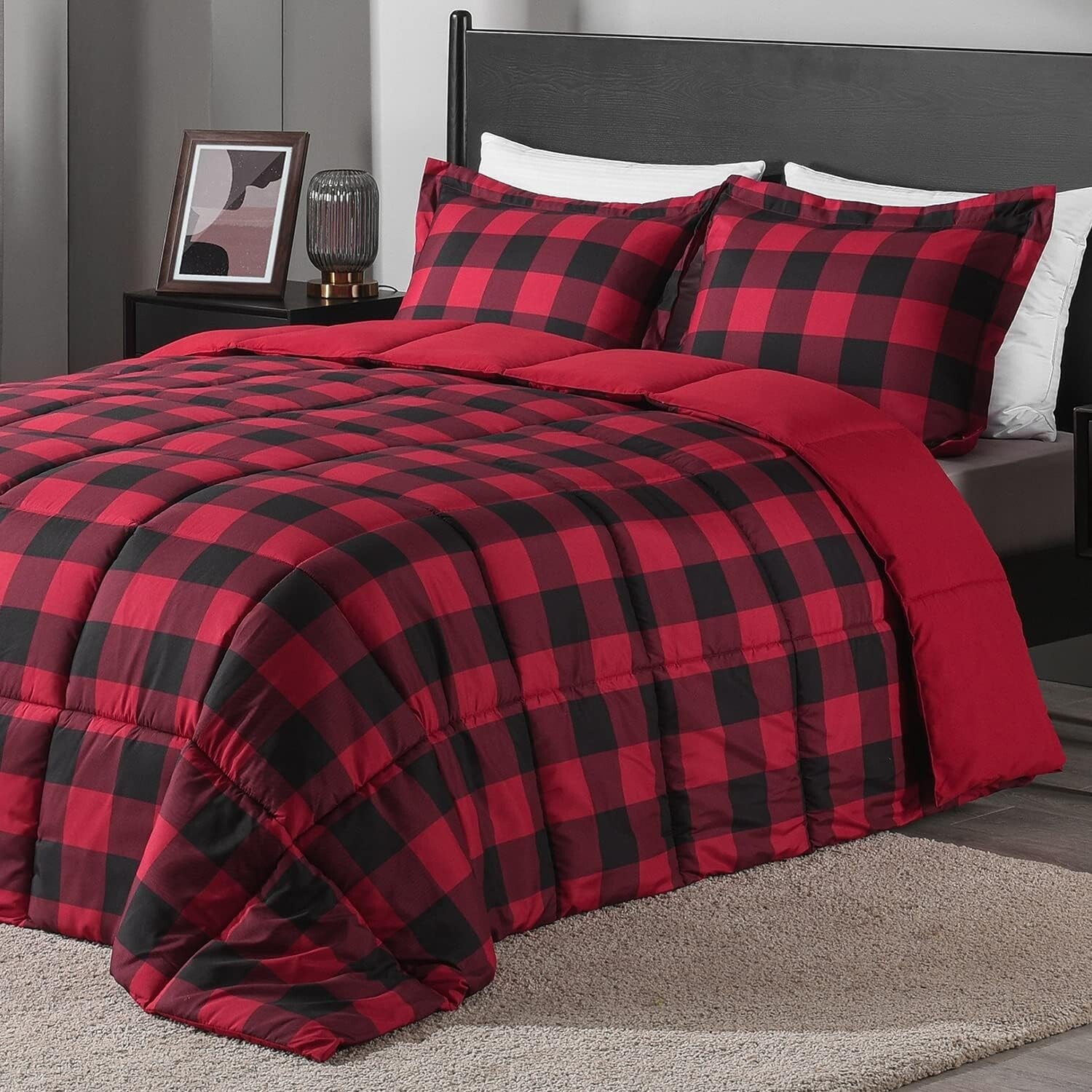 Durable and Soft King Size Comforter Set - Red/Black Plaid Pattern - 3 Pieces