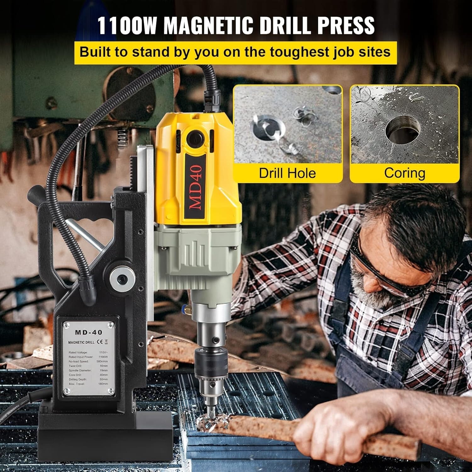 Heavy-Duty Magnetic Drill 1100W - 2697lbf Force for Home and Industrial Use