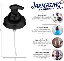 Load image into Gallery viewer, Durable Black Plastic Foaming Soap Lid Set for Mason Jars – Includes Stickers
