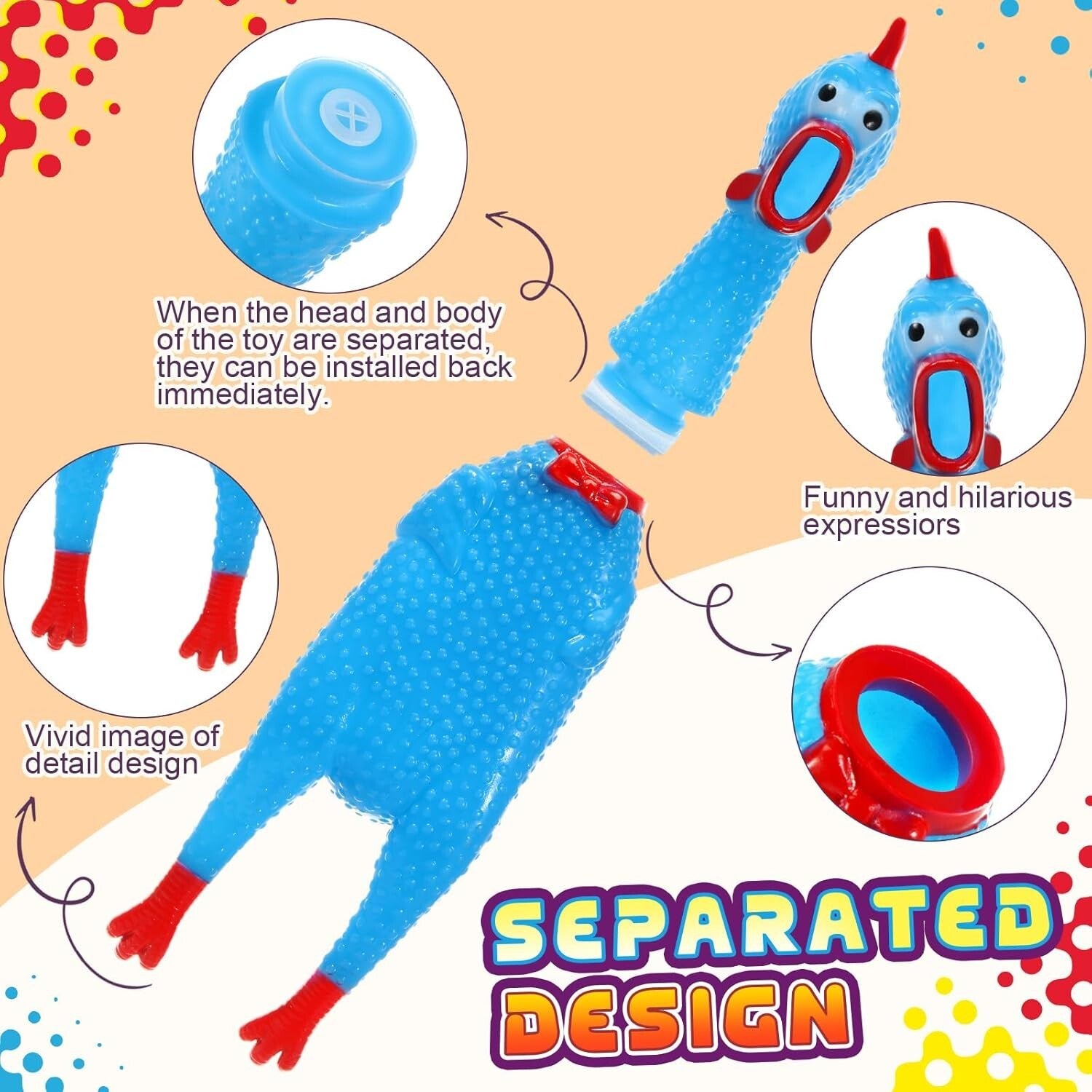Funny 12'' Rubber Chicken Toy Set - 32 Multi-Colored Squeaky Stress Busters