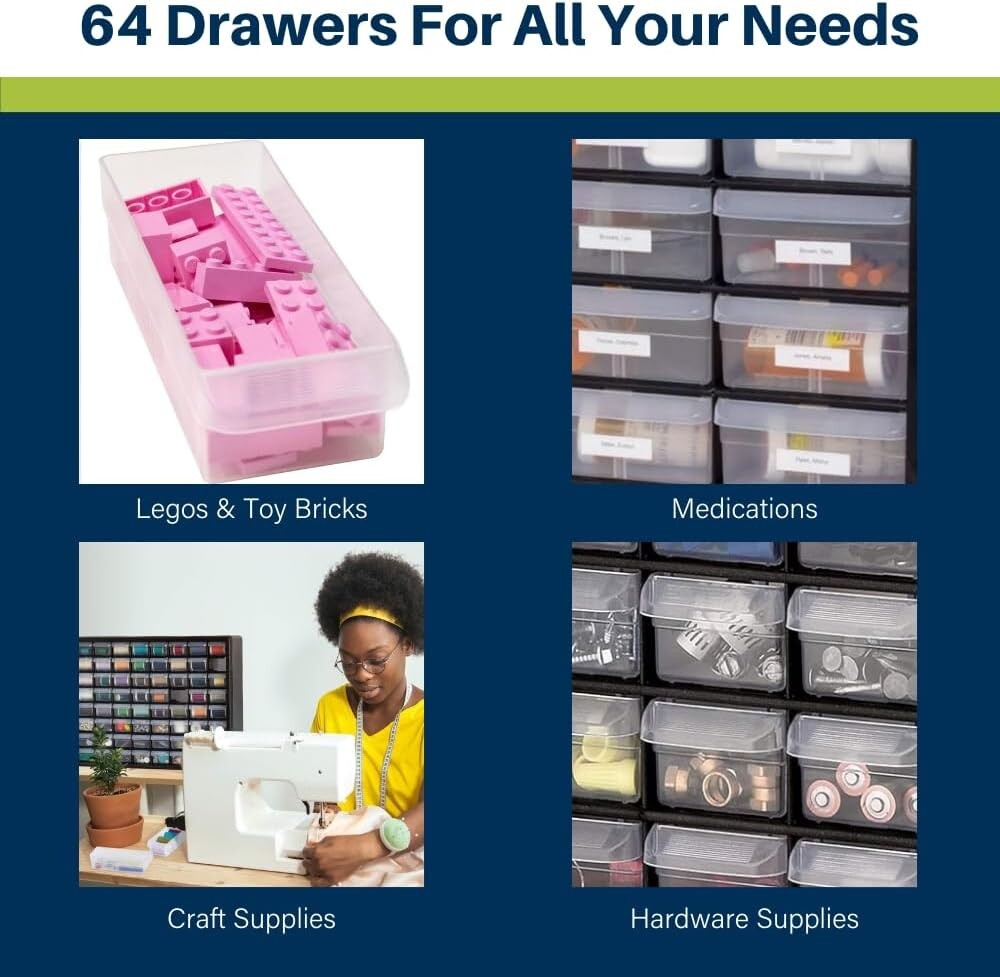 64-Drawer Heavy-Duty Plastic Storage Cabinet for Garage & Classroom Organization