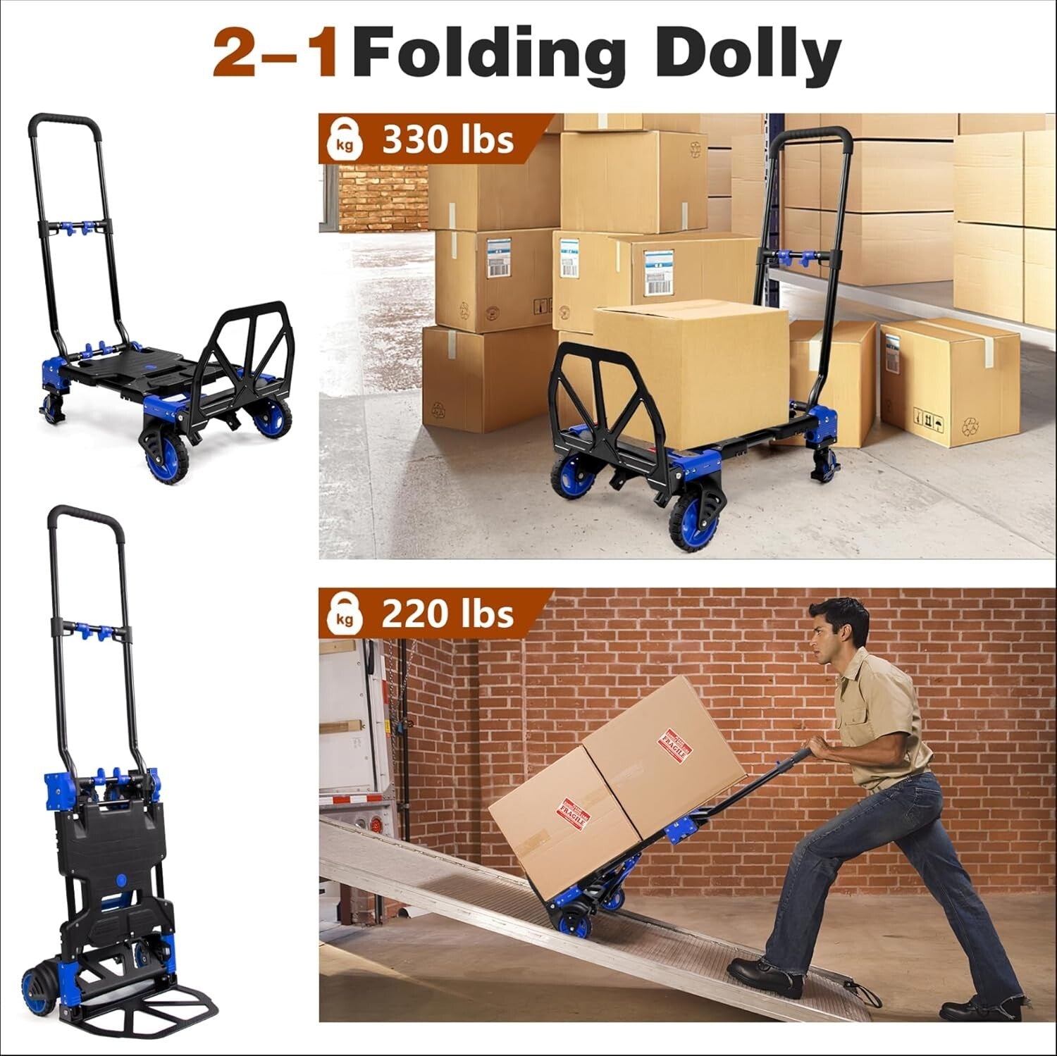 Lightweight Foldable Hand Truck Dolly with Bungee Cords & Adjustable Handle