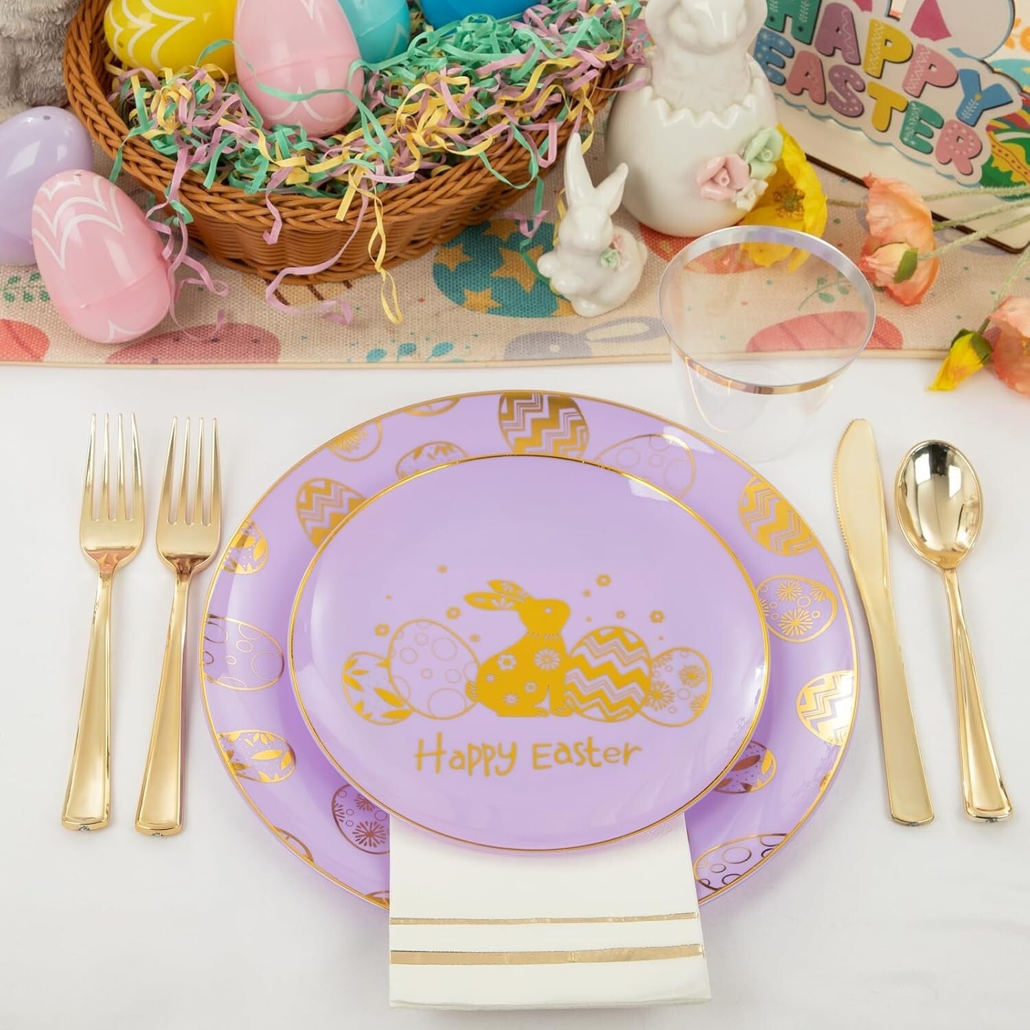 175 Count Easter Themed Plates, Cups & Silverware - Elegant Party Essentials