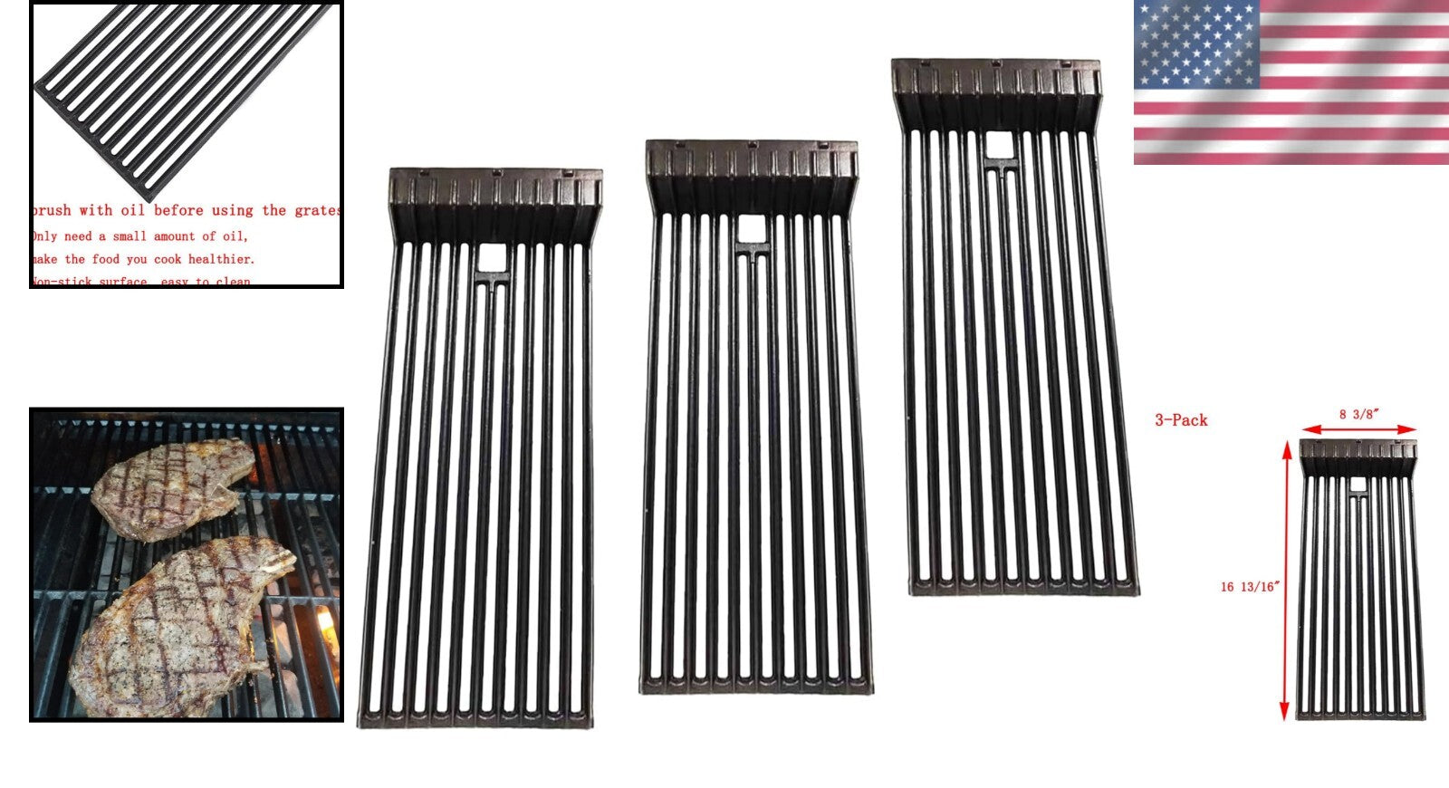 BroilMaster-Compatible Cast Iron Grates - 3-Pack with Heavy-Duty Performance