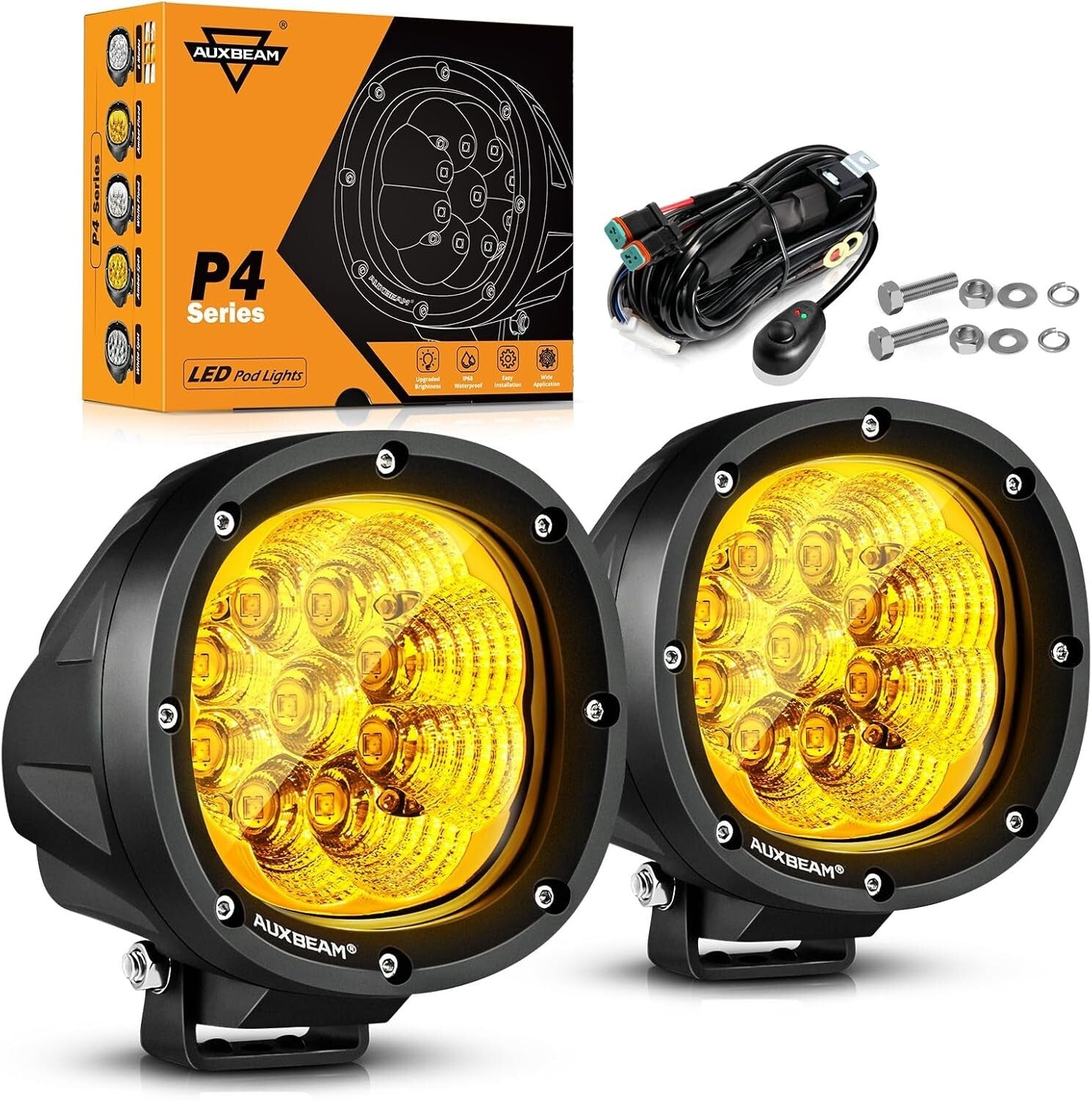 Super Bright LED Offroad Flood Beam Round Pods - 4 Inch 90W Amber Light Pair