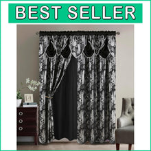 Load image into Gallery viewer, Jacquard Paisley Black Window Curtain Set – 55x84 Panels with Easy Rod Pocket