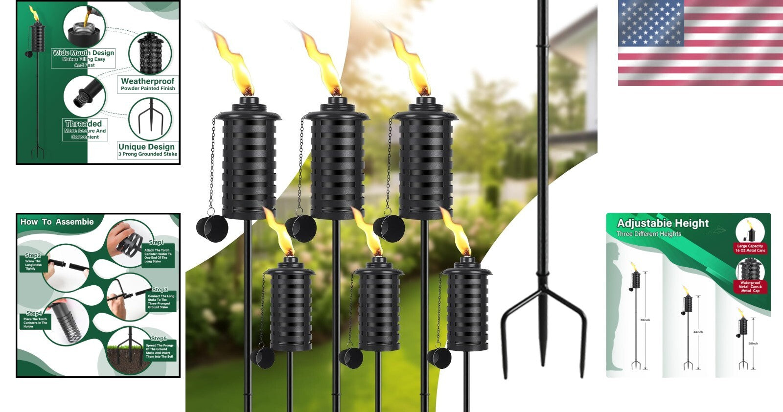 Elegant Black Metal Citronella Torches - Adjustable Height for Outdoor Ambiance