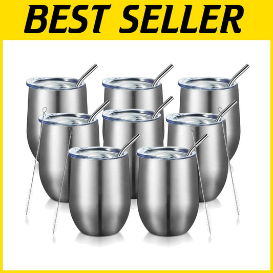 Durable 12oz Silver Stemless Wine Tumblers - Double Wall Insulation, 8 Count