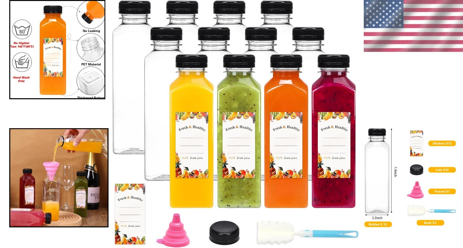 Clear 16oz Juice Bottles with Caps - Ideal for Smoothies & Camping Drinks