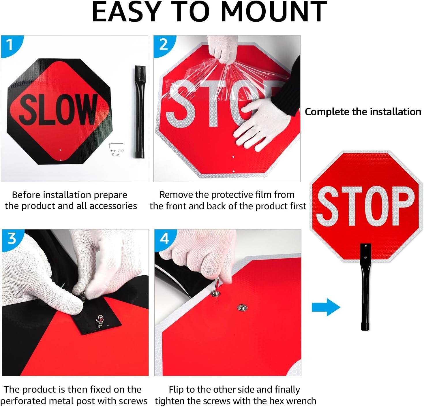 18x18 Double-Sided Stop Slow Sign with Metal Handle, 2 Pack - Reflective Safety